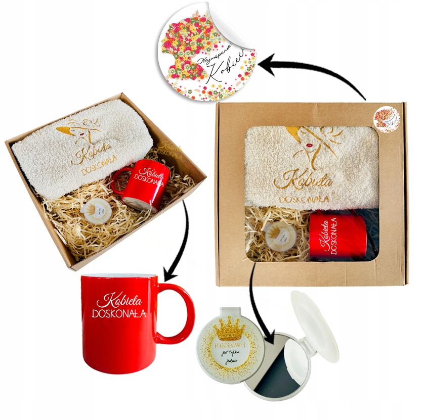 PREZENT UPOMINEK na DZIEŃ KOBIET MAMY ręcznik z haftem + kubek ZESTAW