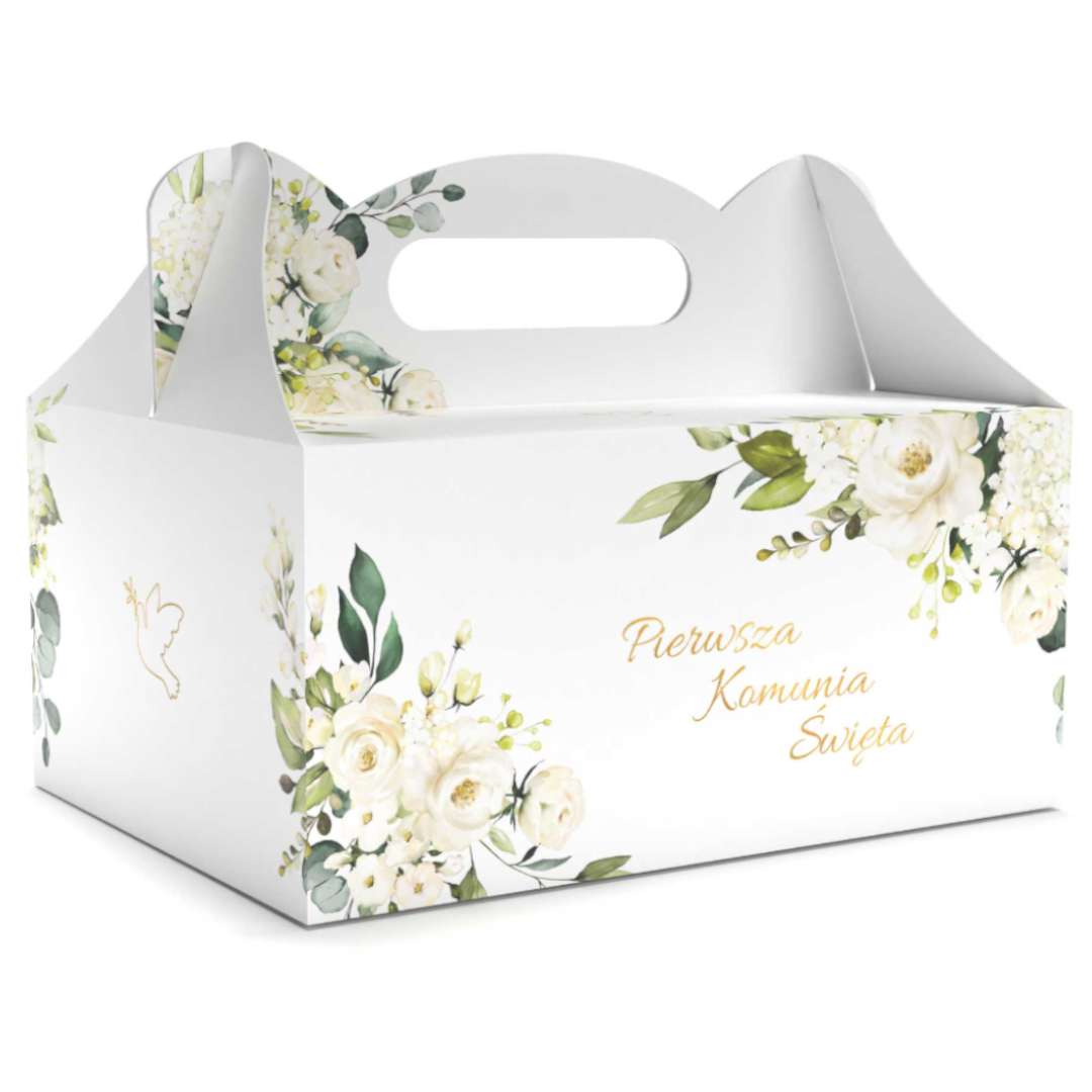 Pudełko na ciasto Komunijne Pierwsza Komunia Święta - kwiaty, białe 5 szt