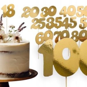 TOPPER PIK na tort 18 20 30 40 50 60 70 80 90 100 urodziny złoty lustrzany