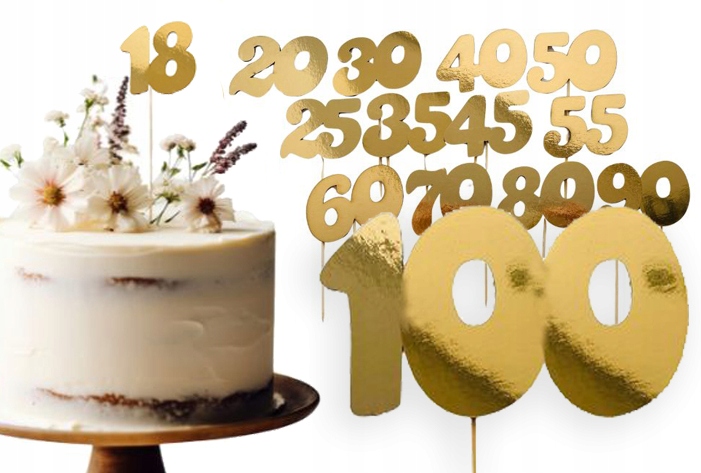 TOPPER PIK na tort 18 20 30 40 50 60 70 80 90 100 urodziny złoty lustrzany