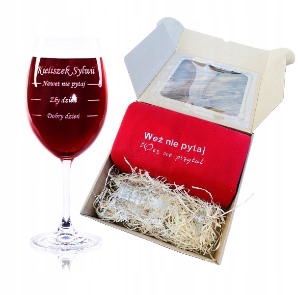 ZESTAW KOC z haftem i KIELISZEK do wina grawerowany walentynki dla niej