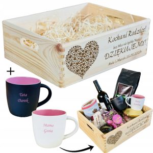 SKRZYNKA Kosz PODZIĘKOWANIA DLA RODZICÓW naturalna XL KUBKI 2 kolory GRAWER