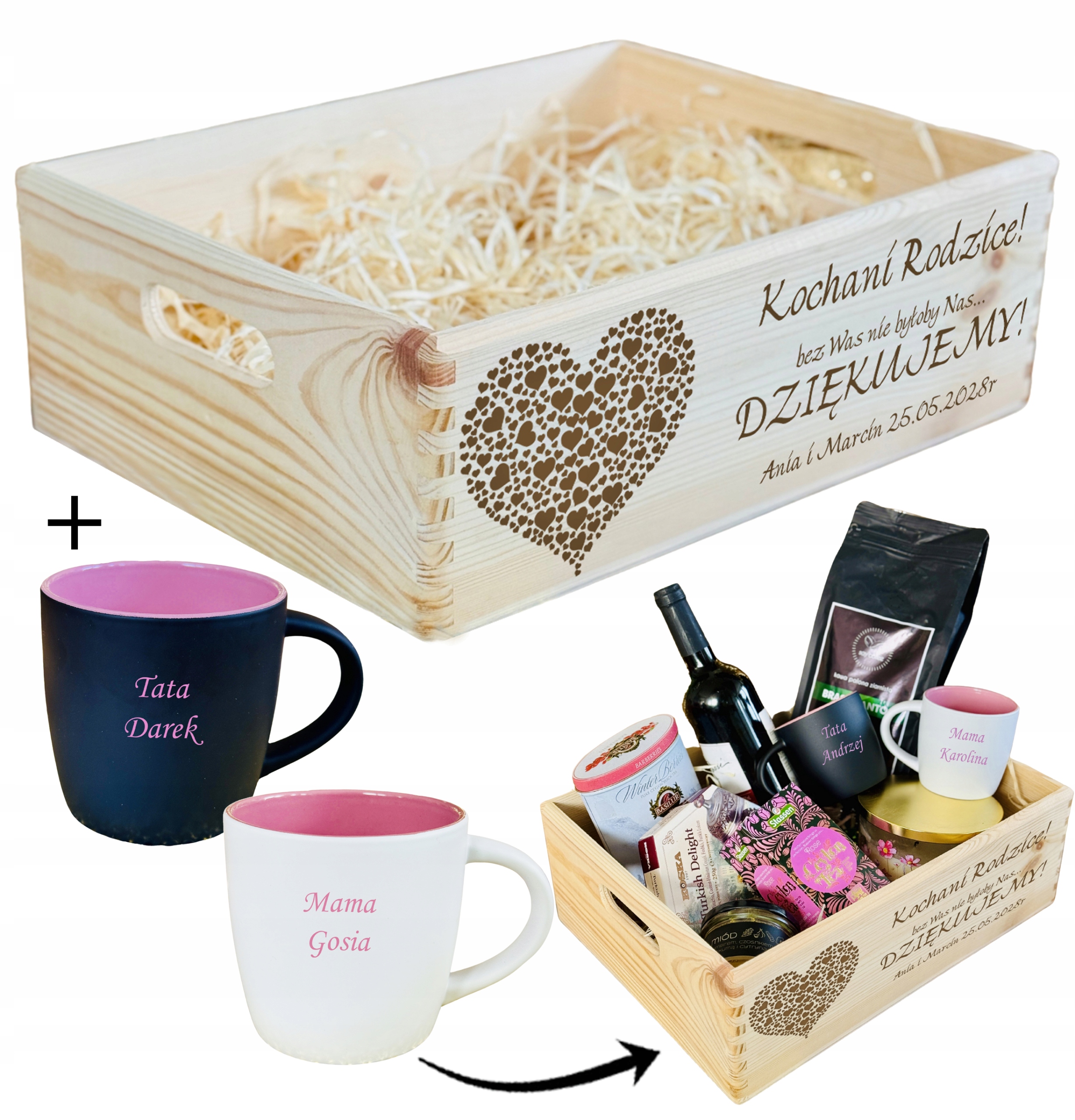 SKRZYNKA Kosz PODZIĘKOWANIA DLA RODZICÓW naturalna XL KUBKI 2 kolory GRAWER