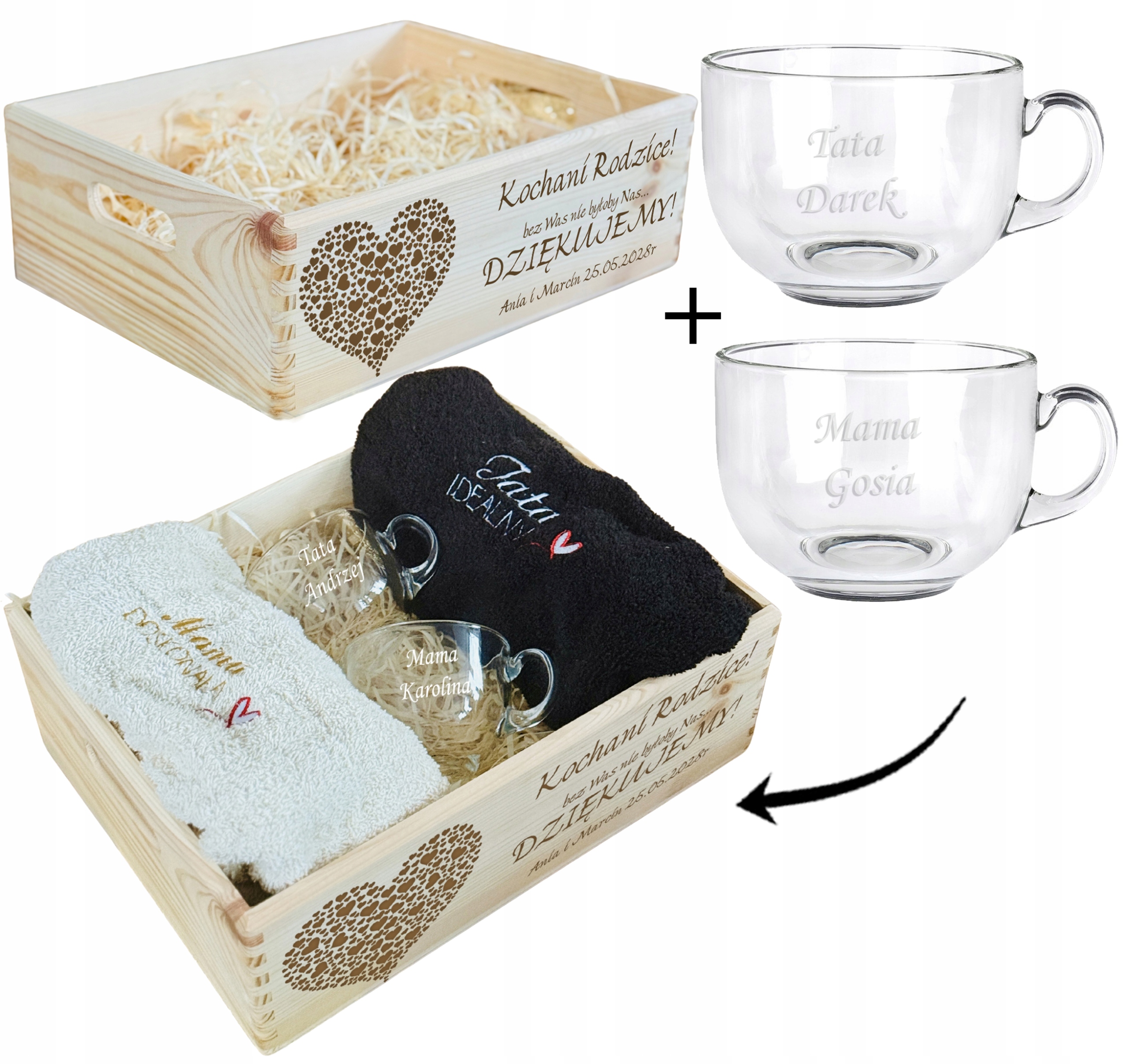 SKRZYNKA XXL Kosz PODZIĘKOWANIA DLA RODZICÓW ręczniki filiżanki + GRAWER