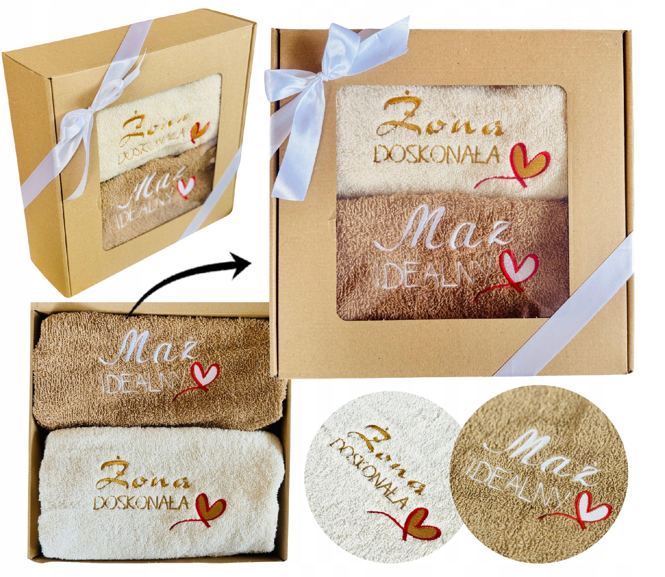 PREZENT na ŚLUB ROCZNICĘ upominek ślubny zestaw ręczników z haftem pudełko