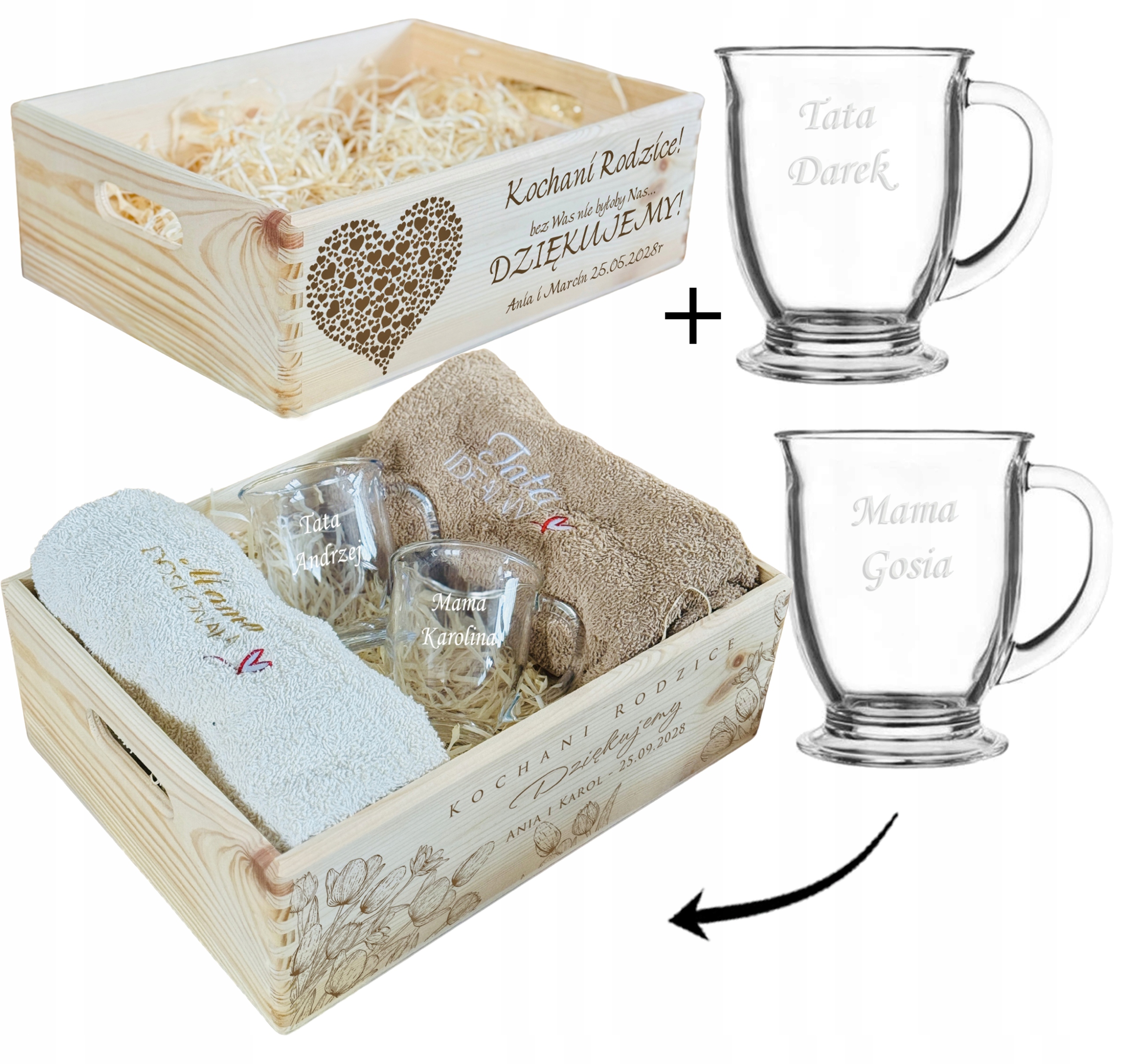 Zestaw UPOMINKOWY dla RODZICÓW duża SKRZYNIA ręczniki kubki szklane GRAWER
