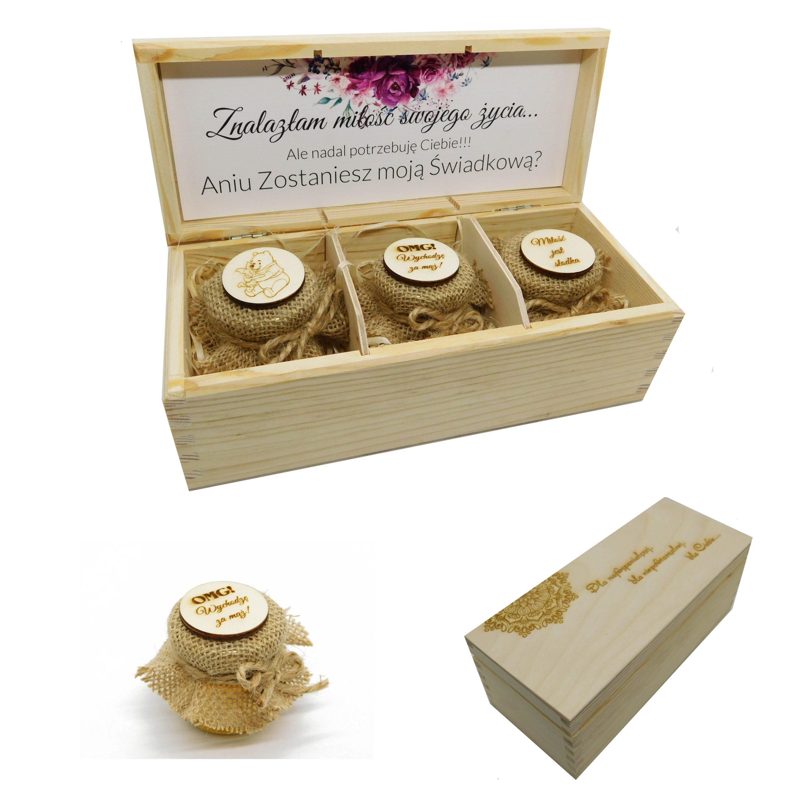 Prezent, prośba, GiftBox dla Świadkowej - personalizowana skrzyneczka z miodkami i dedykacją
