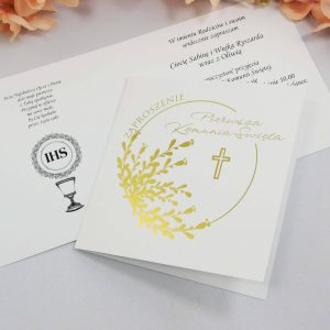 Zaproszenie na komunię ze złoconymi listeczkami wzór 4