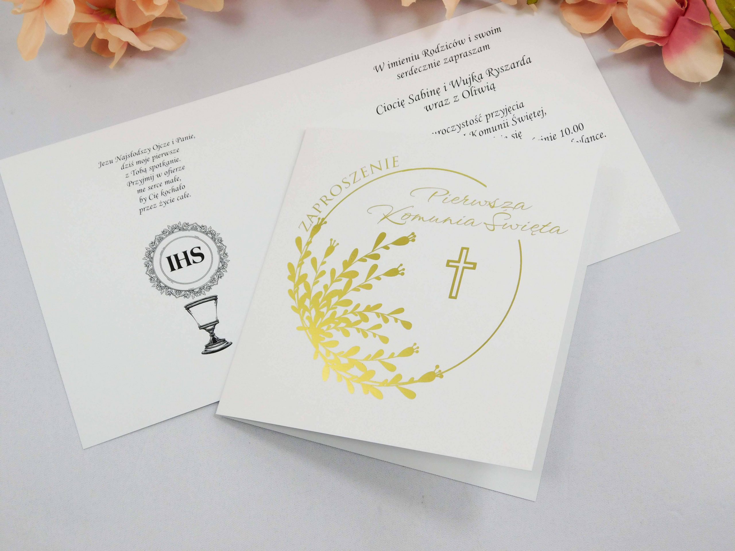Zaproszenie na komunię ze złoconymi listeczkami wzór 4