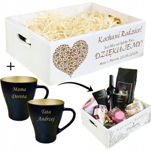 SKRZYNKA Kosz PODZIĘKOWANIA DLA RODZICÓW biała XL + KUBKI cz-złote + GRAWER