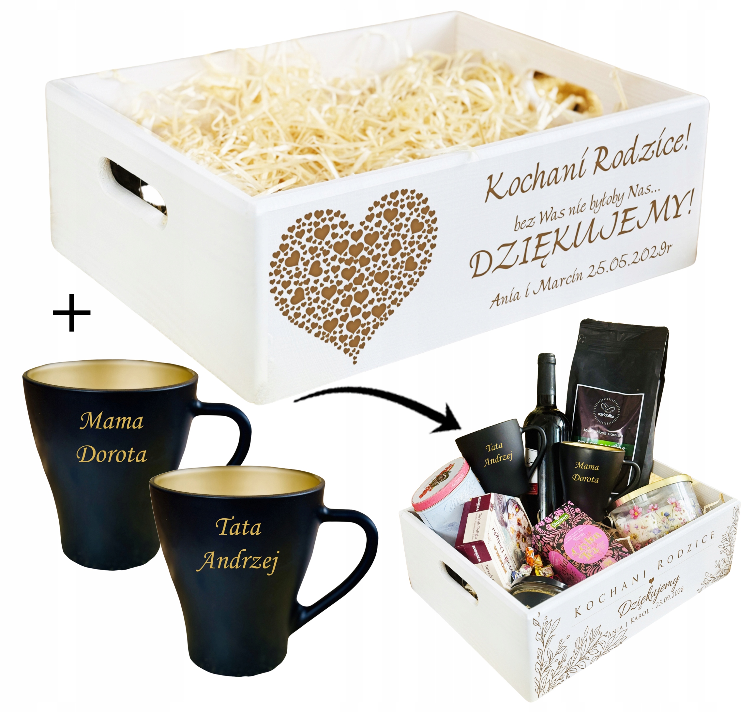 SKRZYNKA Kosz PODZIĘKOWANIA DLA RODZICÓW biała XL + KUBKI cz-złote + GRAWER