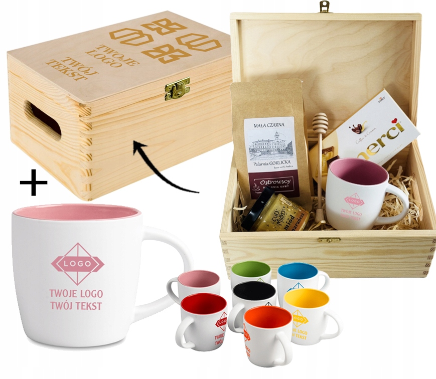 PREZENT FIRMOWY W SKRZYNI z grawerem zestaw KAWA CZEKOLADA KUBEK TWOJE LOGO