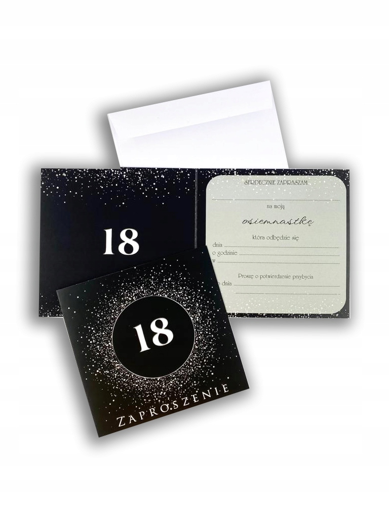 Zaproszenia na 18 URODZINY osiemnastkę zaproszenia + koperta SREBRNO CZARNE