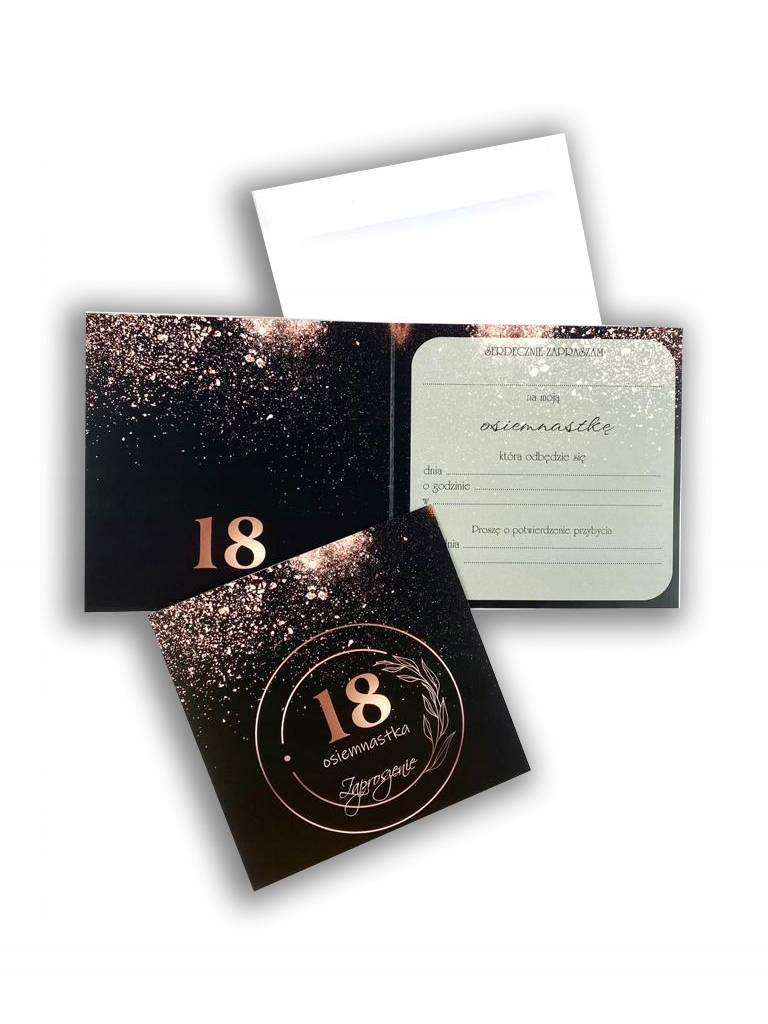 Zaproszenia na 18 URODZINY osiemnastkę RÓŻOWO CZARNE KOPERTA eleganckie