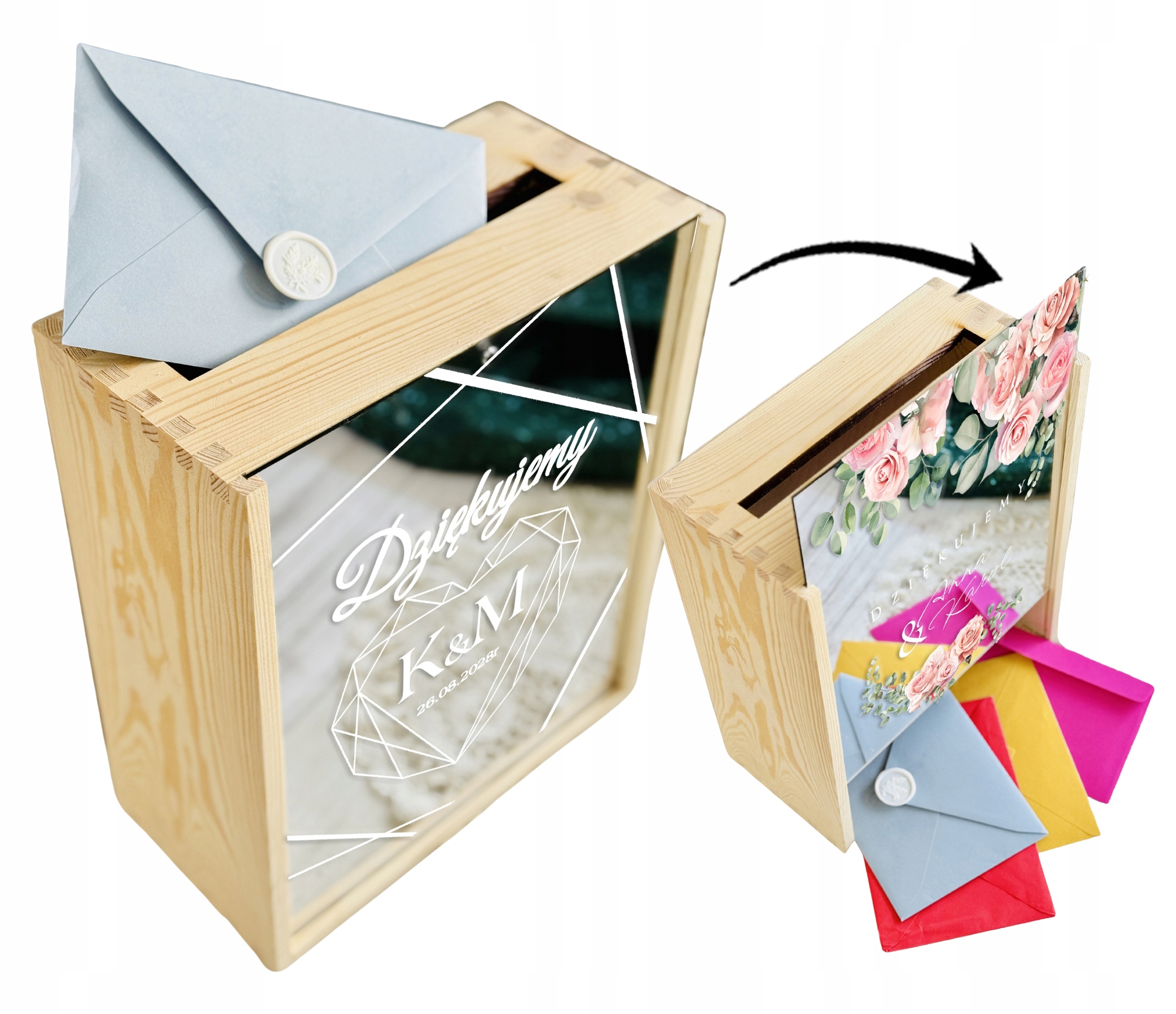 Skrzynka PUDEŁKO NA KOPERTY ŚLUB wesele życzenia SREBRNA PLEKSA IMIONA druk