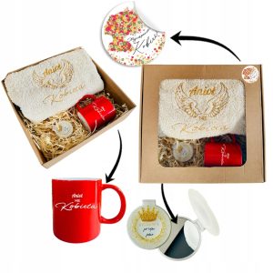 PREZENT UPOMINEK na DZIEŃ KOBIET MAMY ręcznik z haftem skrzydła + kubek