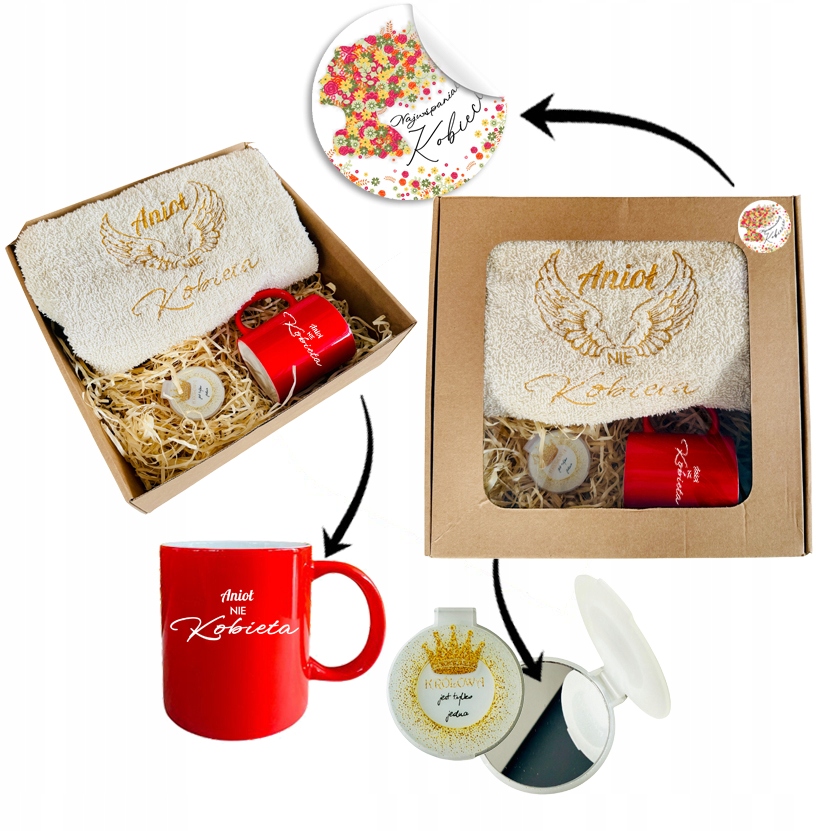 PREZENT UPOMINEK na DZIEŃ KOBIET MAMY ręcznik z haftem skrzydła + kubek