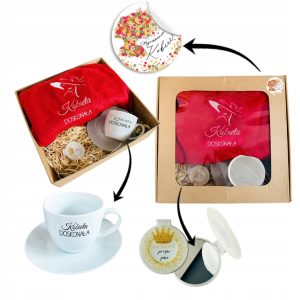 PREZENT UPOMINEK na DZIEŃ KOBIET MAMY koc z haftem + filiżanka + lusterko