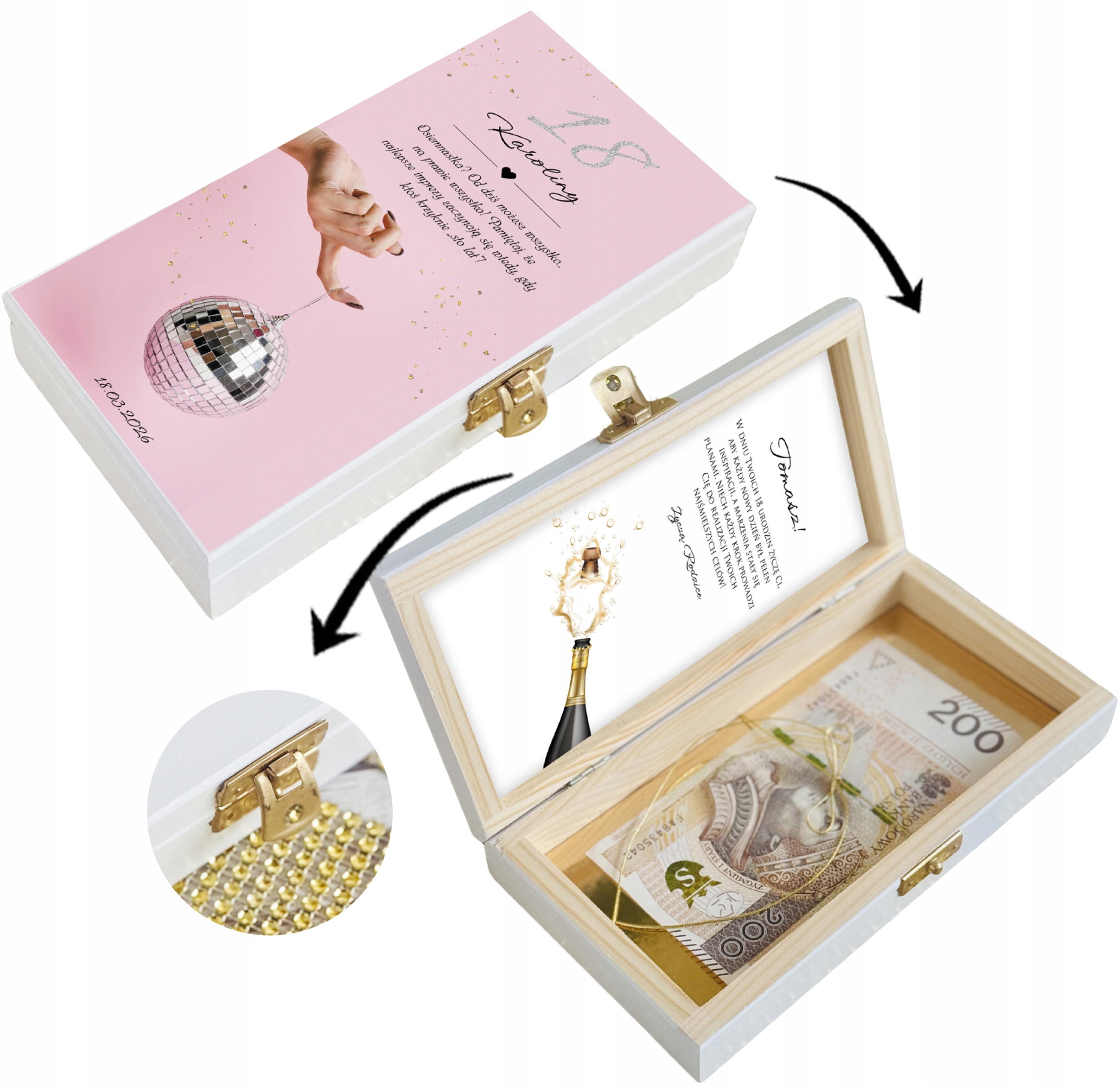 SZKATUŁKA PAMIĄTKA z okazji 18 20 30 40 50 60 URODZIN osiemnastka banknoty