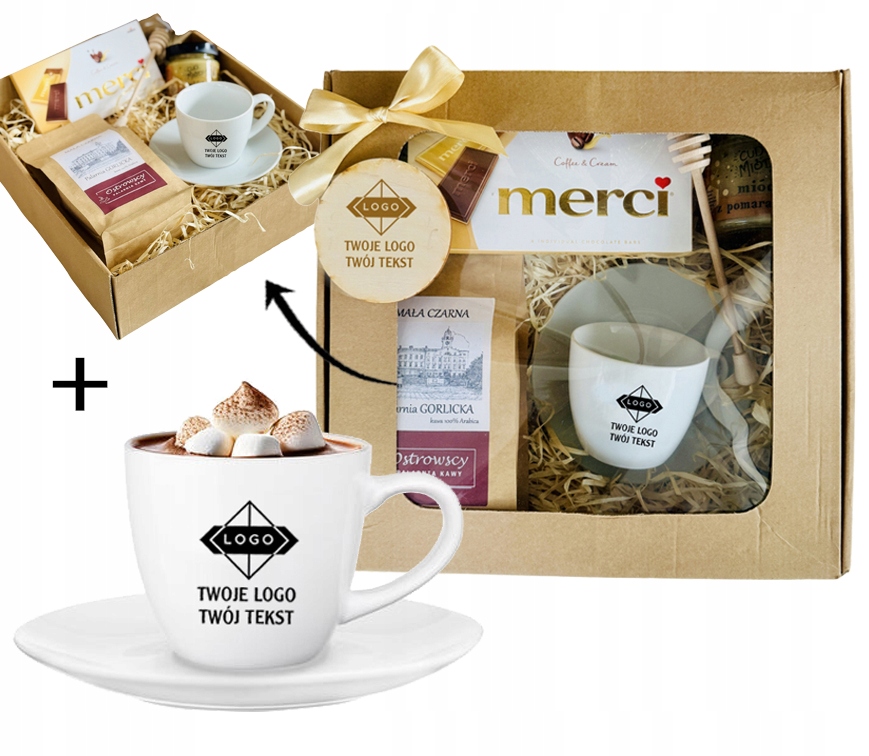 PREZENT FIRMOWY W PUDEŁKU zestaw KAWA CZEKOLADA FILIŻANKA TWOJE LOGO TEKST