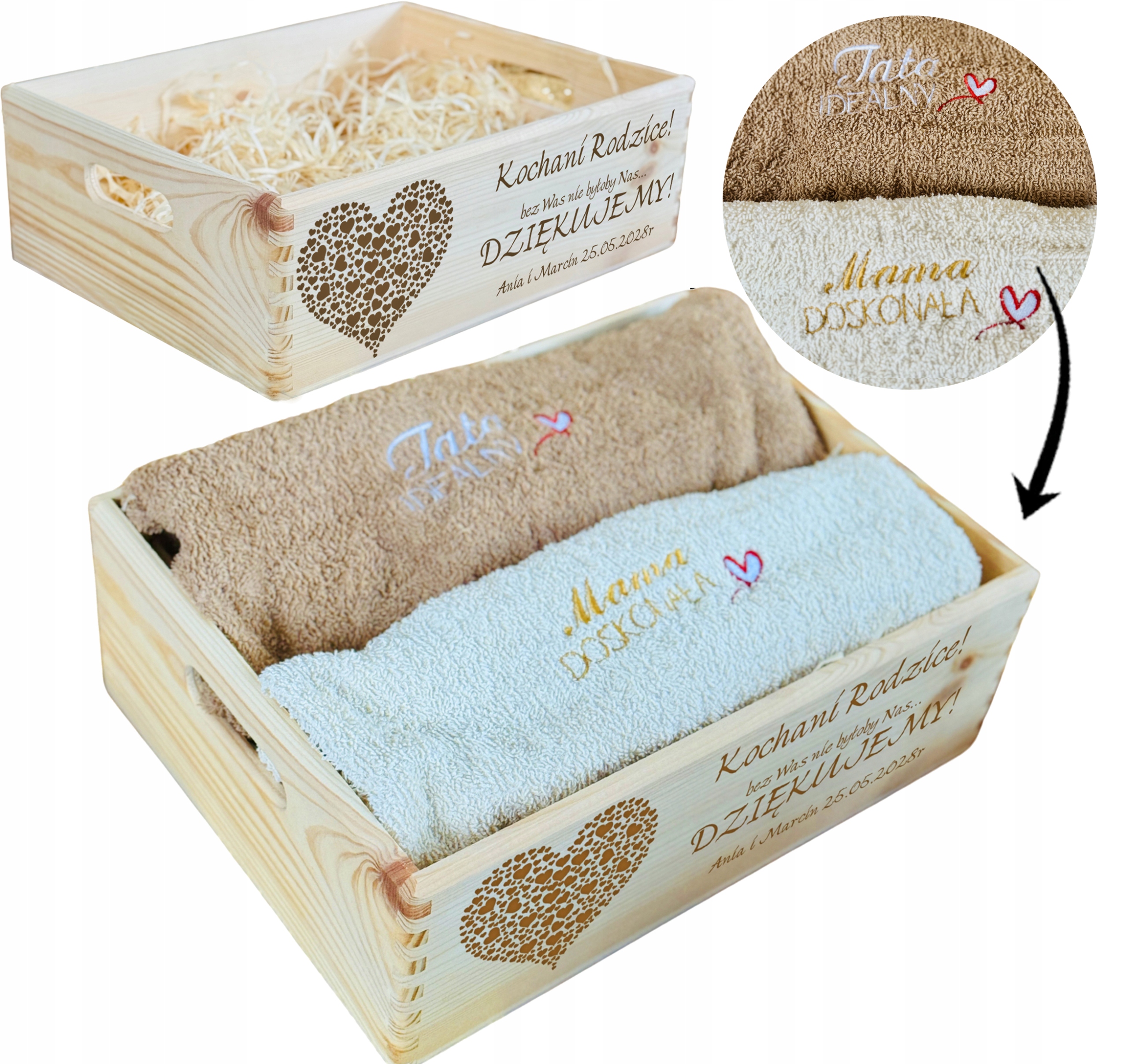 ZESTAW UPOMINKOWY dla RODZICÓW duża SKRZYNIA drewniana z ręcznikami GRAWER