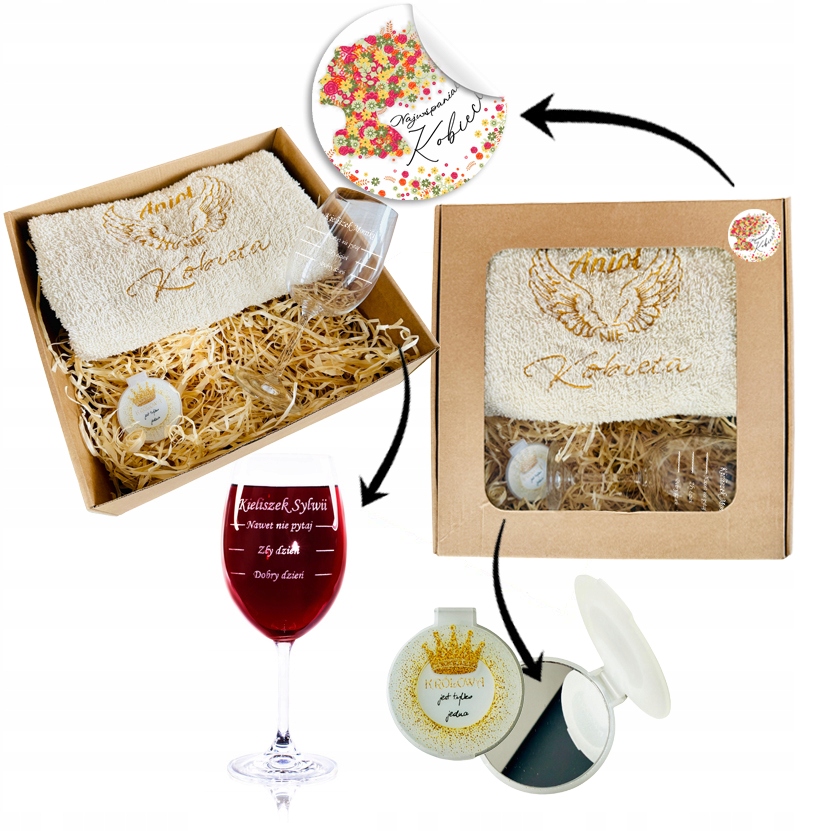 PREZENT UPOMINEK na DZIEŃ KOBIET MAMY ręcznik z haftem skrzydła kieliszek