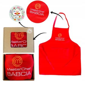 PREZENT UPOMINEK na DZIEŃ BABCI fartuch czerwony basic w pudełku + naklejka