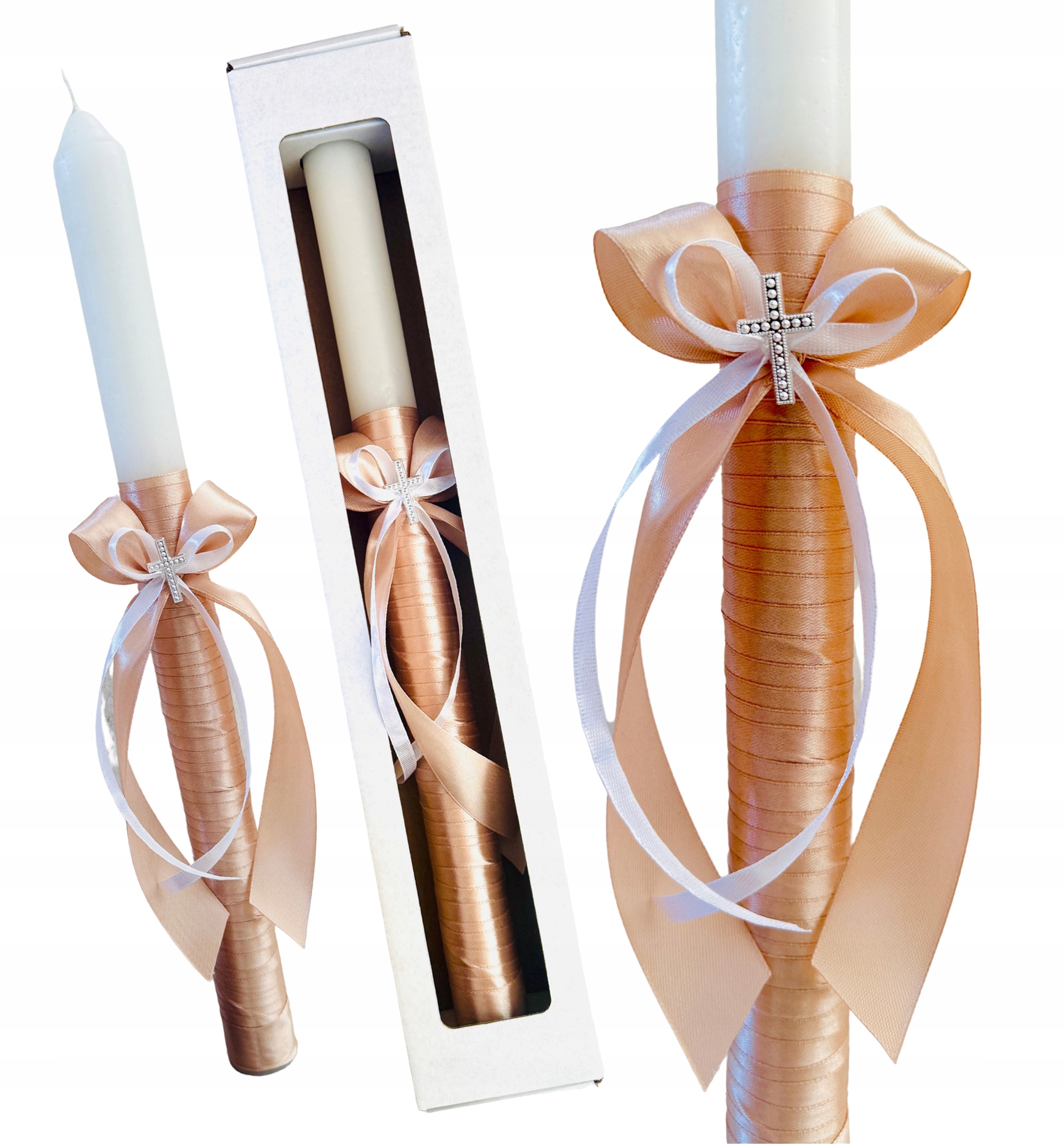 Świeca do CHRZTU GROMNICA na komunię ręcznie zdobiona satyna różowa 40cm