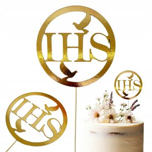 TOPPER toper złoty dekoracja na tort Pierwsza KOMUNIA Święta okrągły IHS