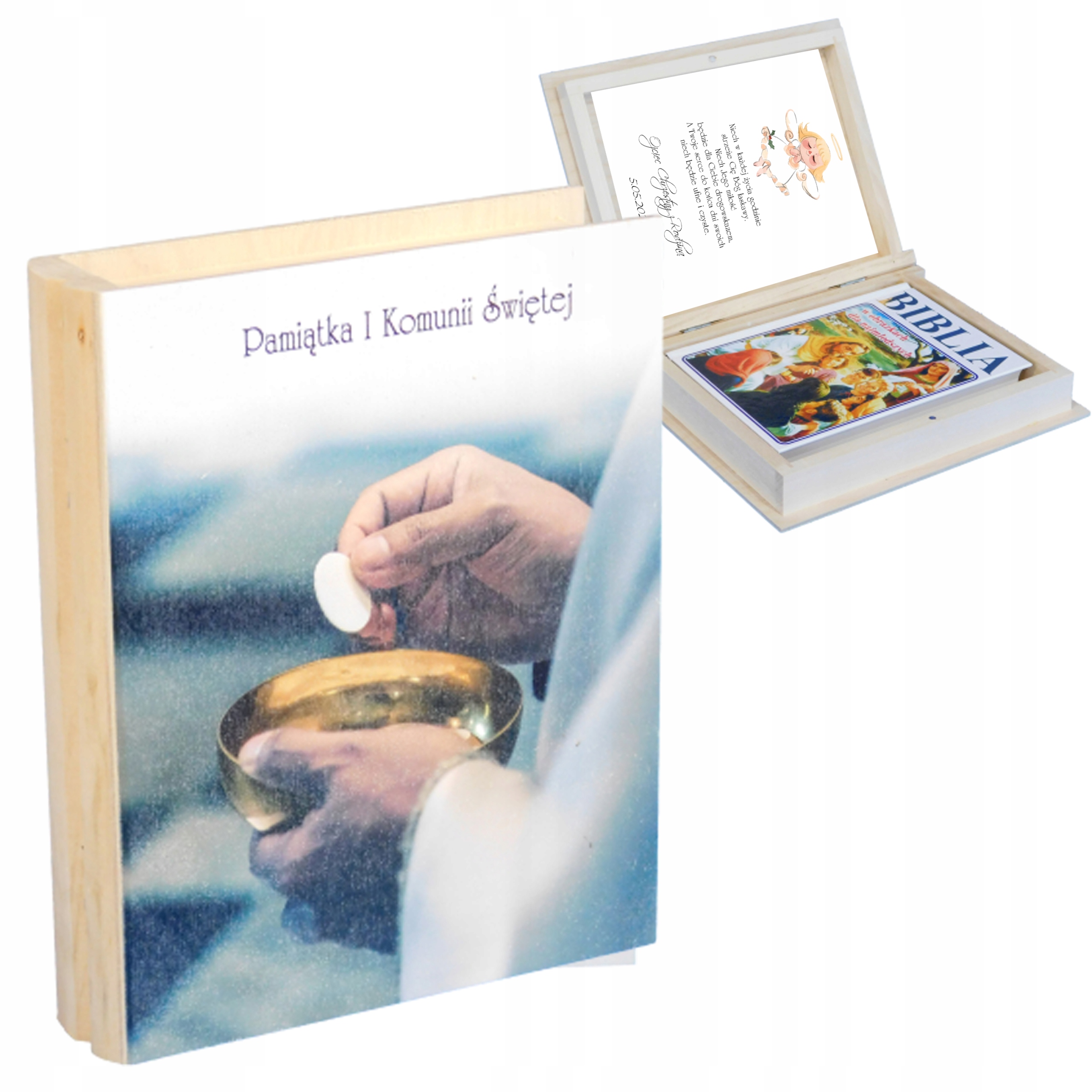 Pamiątka Komunii prezent komunijny Biblia nadruk