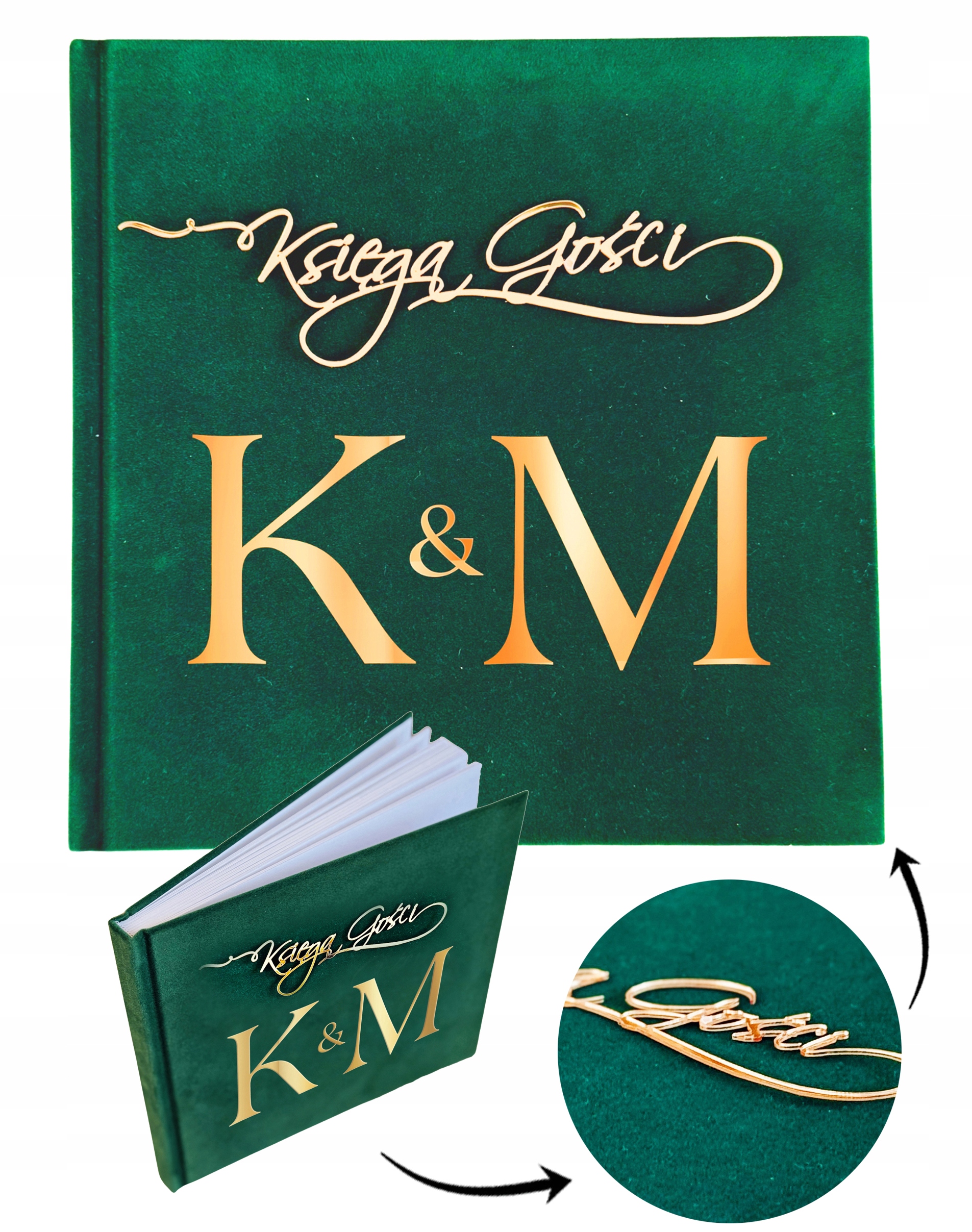 KSIĘGA GOŚCI weselnych WELUROWA zielona album ZŁOTE INICJAŁY pamiątka ŚLUBU