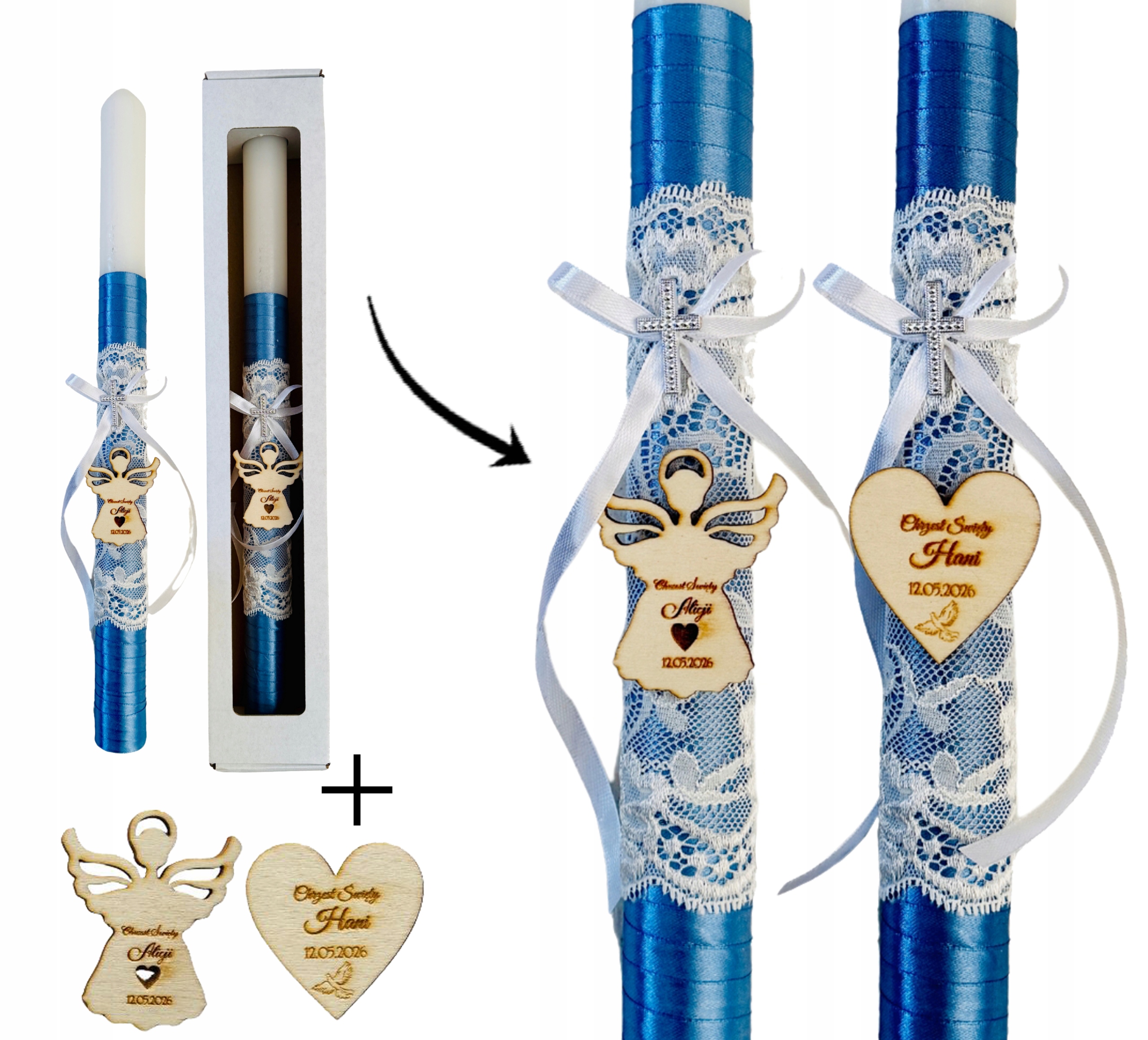 Świeca do CHRZTU GROMNICA na komunię ręcznie zdobiona satyna niebieska IMIĘ