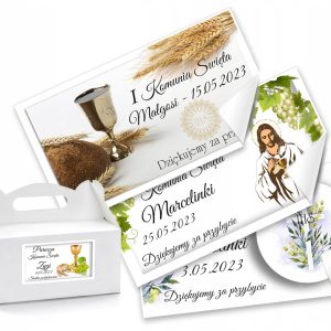 Naklejki etykiety na ciasto PIERWSZA KOMUNIA IMIĘ podziękowanie komunijne