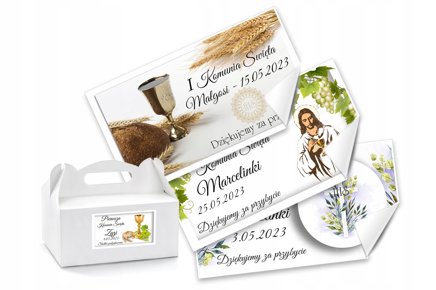 Naklejki etykiety na ciasto PIERWSZA KOMUNIA IMIĘ podziękowanie komunijne