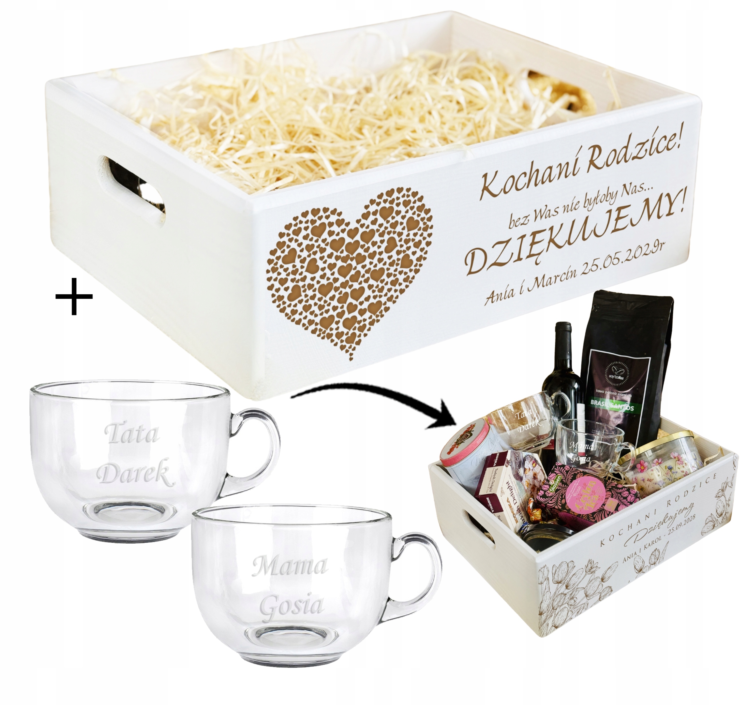 SKRZYNKA Kosz PODZIĘKOWANIA DLA RODZICÓW biała XL + FILIŻANKA duża + GRAWER