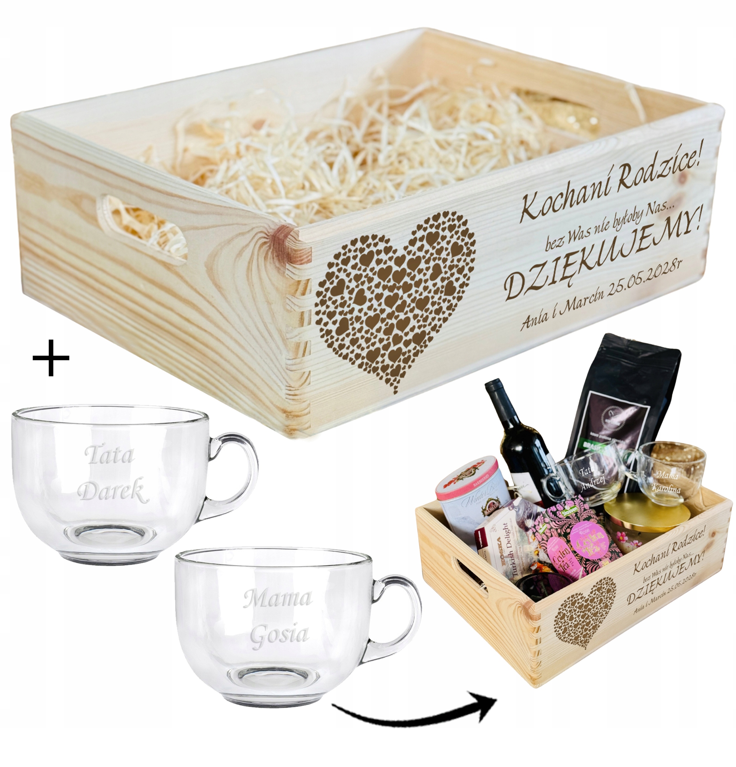 SKRZYNKA Kosz PODZIĘKOWANIA DLA RODZICÓW naturalna XL FILIŻANKI duże GRAWER