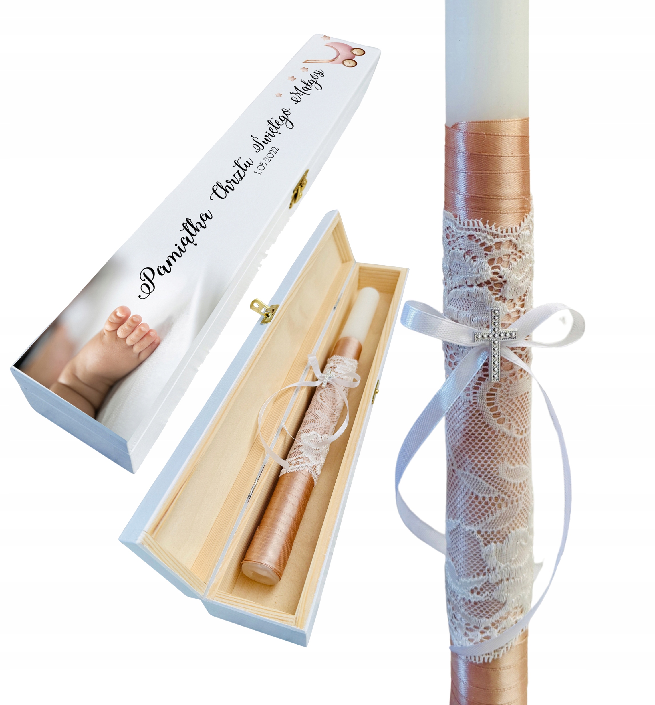 Świeca do CHRZTU GROMNICA ręcznie zdobiona w PUDEŁKU nadruk UV wzory G2