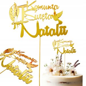 TOPPER toper lustrzany dekoracja na tort Pierwsza KOMUNIA Święta + IMIĘ