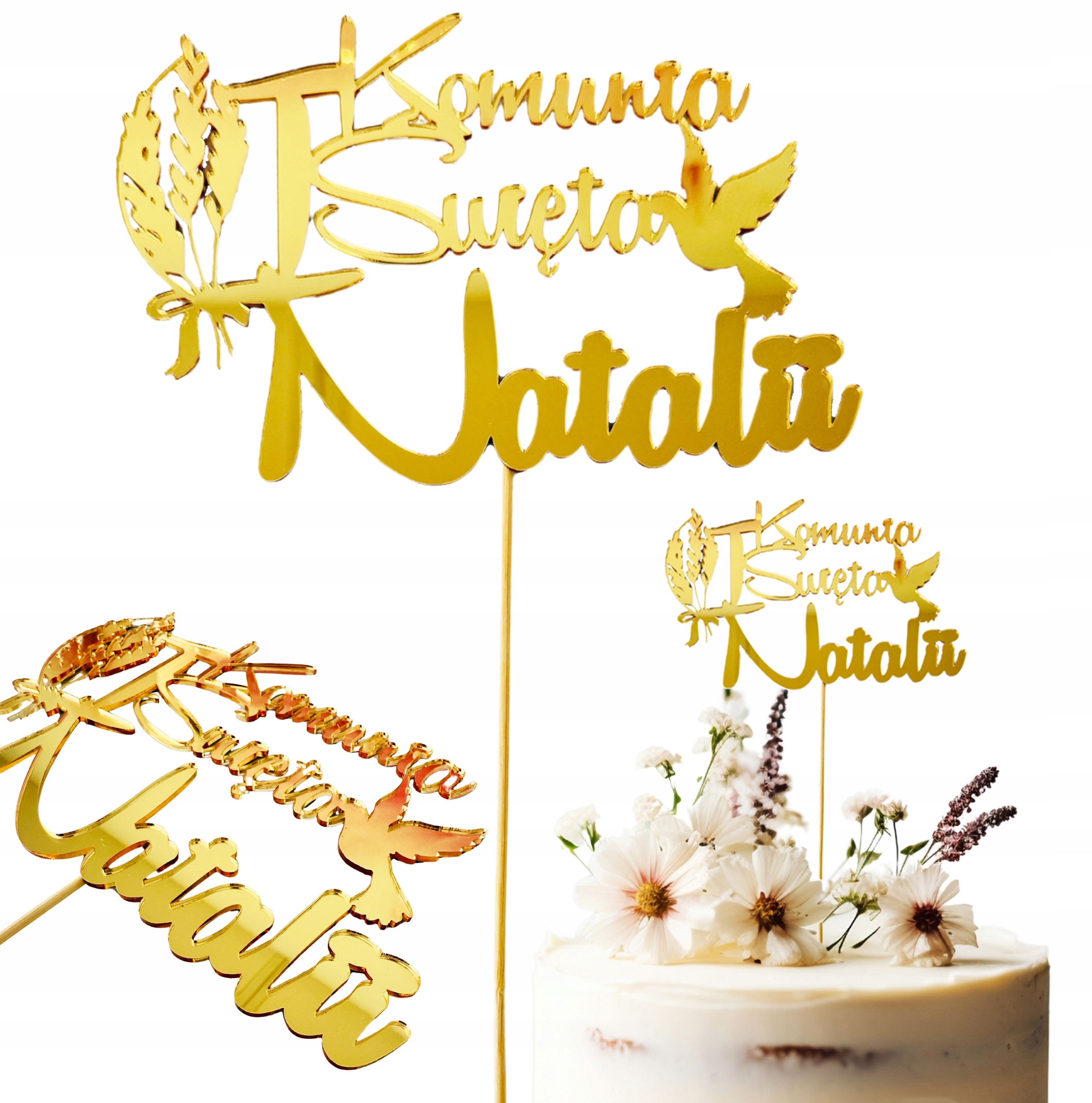 TOPPER toper lustrzany dekoracja na tort Pierwsza KOMUNIA Święta + IMIĘ