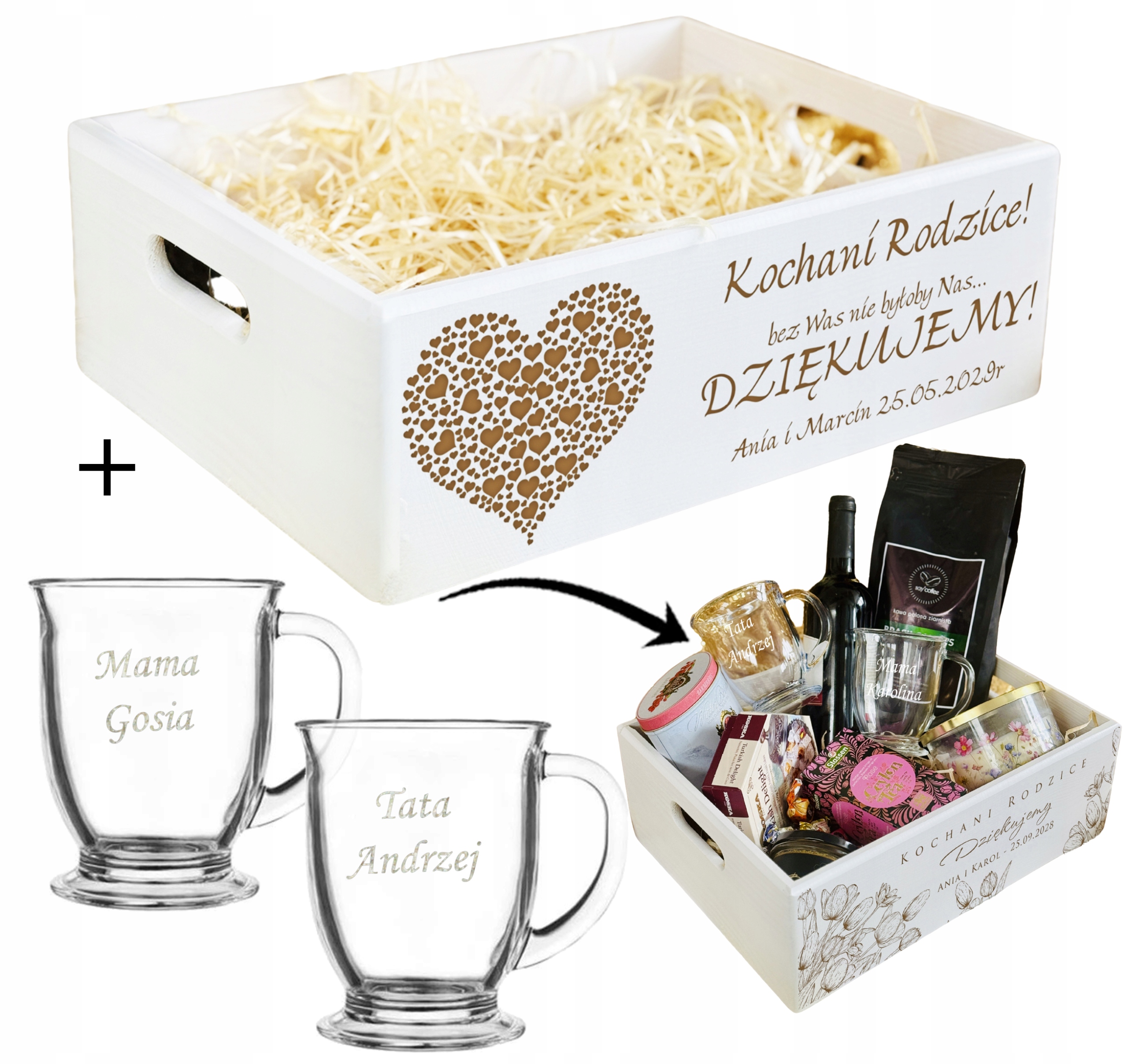 SKRZYNKA Kosz PODZIĘKOWANIA DLA RODZICÓW biała XL + KUBKI SZKLANE + GRAWER
