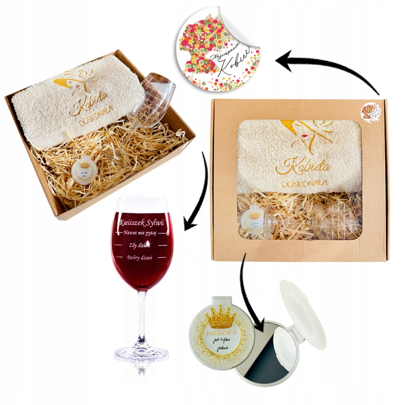 PREZENT UPOMINEK na DZIEŃ KOBIET MAMY ręcznik z haftem + kieliszek ZESTAW