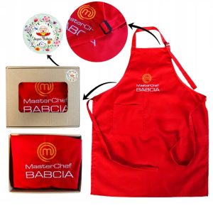 PREZENT UPOMINEK na DZIEŃ BABCI fartuch PREMIUM czerwony w pudełku naklejka