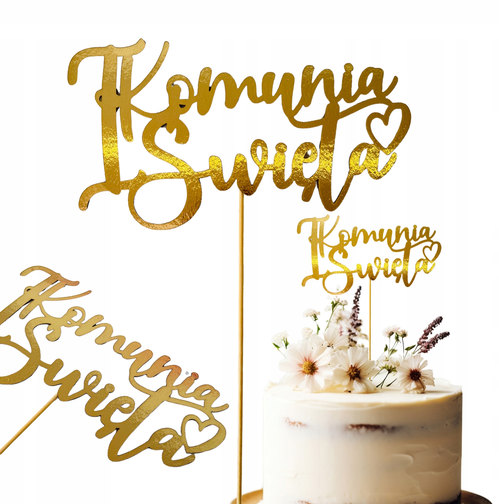 TOPPER toper złoty dekoracja na tort Pierwsza KOMUNIA Święta serce