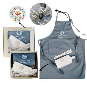 PREZENT UPOMINEK na DZIEŃ BABCI fartuch PREMIUM szary deska łopatka ZESTAW