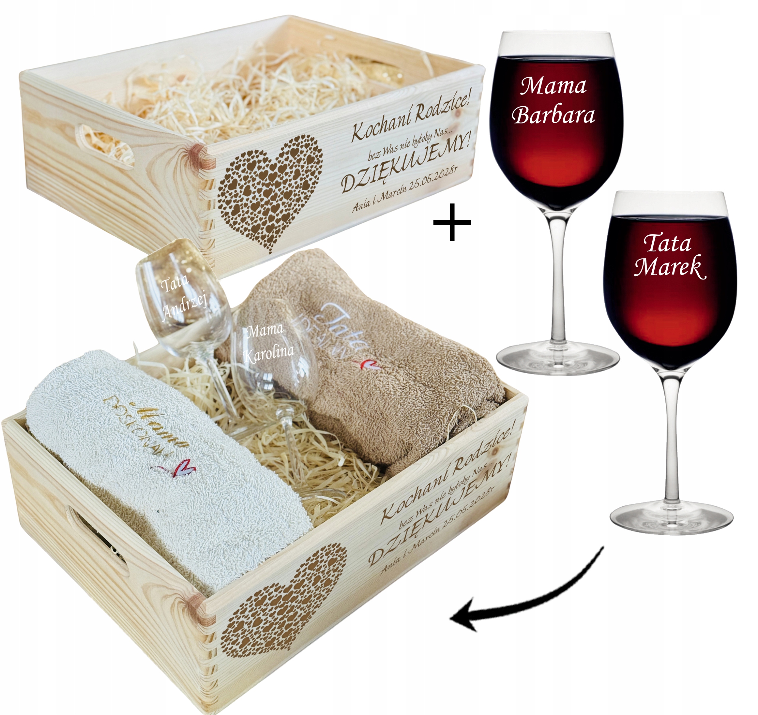 ZESTAW UPOMINKOWY dla RODZICÓW DUŻY drewniana SKRZYNIA ręczniki i kieliszki