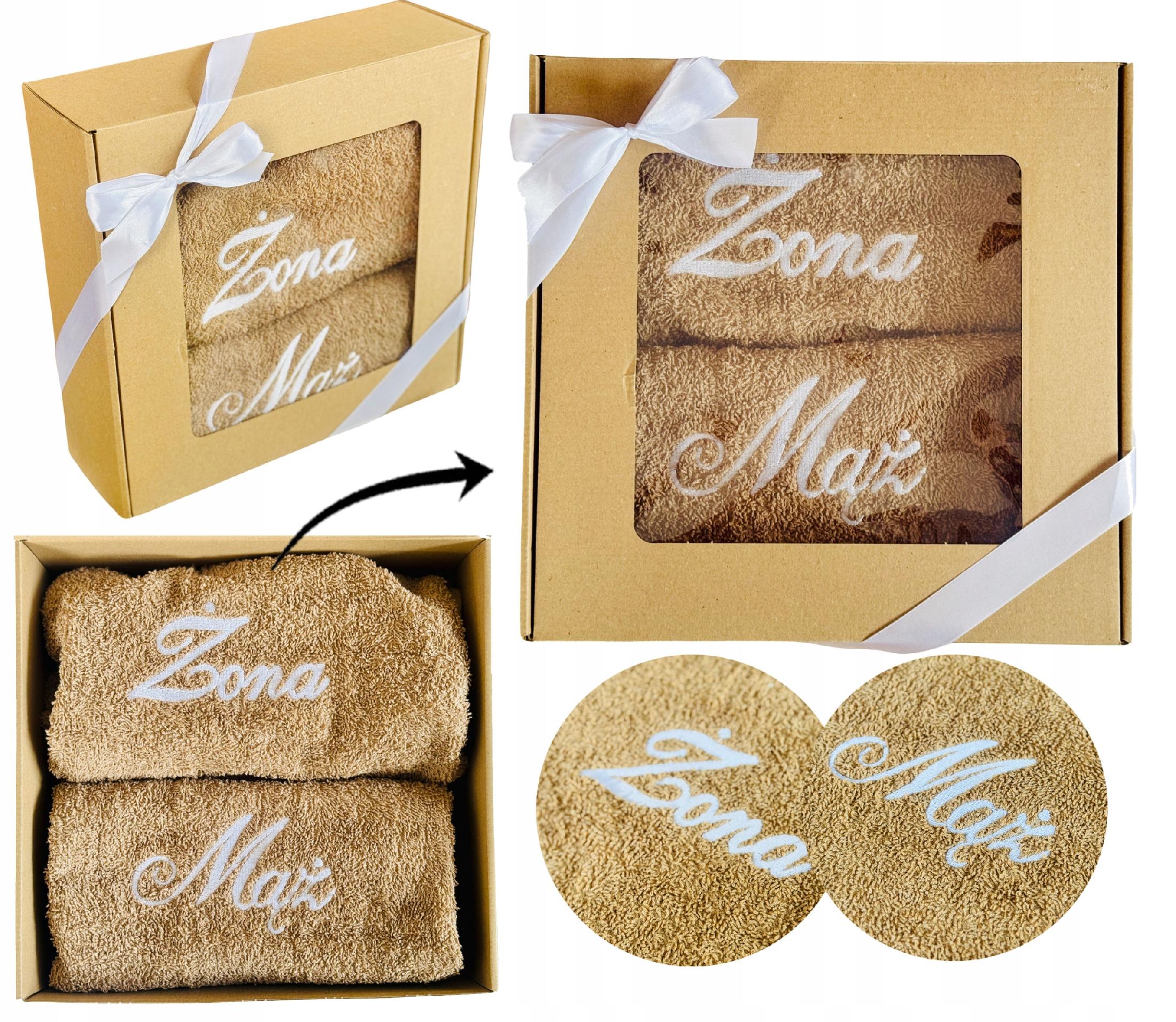 PREZENT upominek ŚLUBNY na ROCZNICĘ ŚLUB ręczniki brązowe z haftem ŻONA MĄŻ