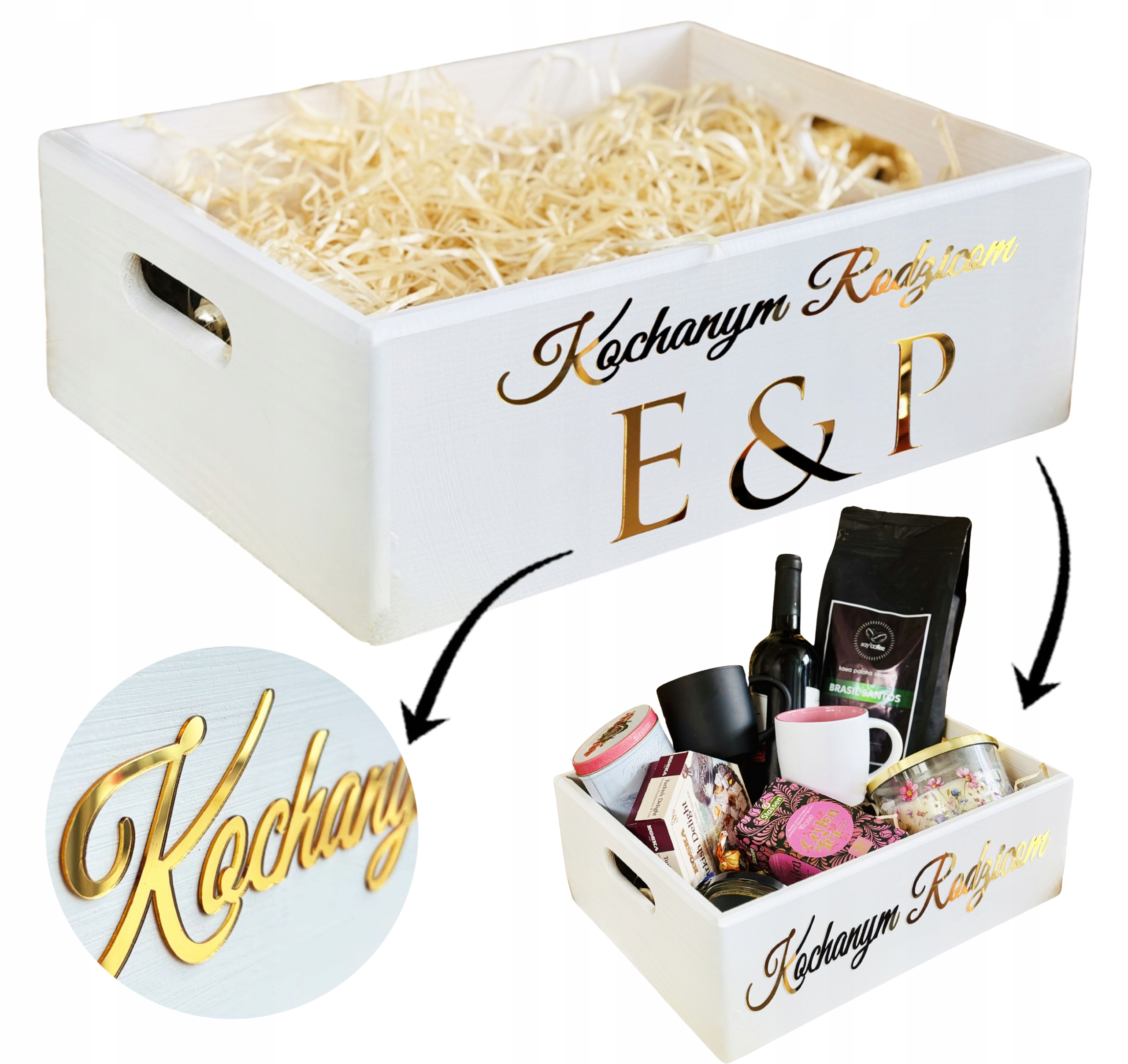 SKRZYNKA Kosz PODZIĘKOWANIA DLA RODZICÓW drewniana biała ZŁOTY NAPIS IMIONA