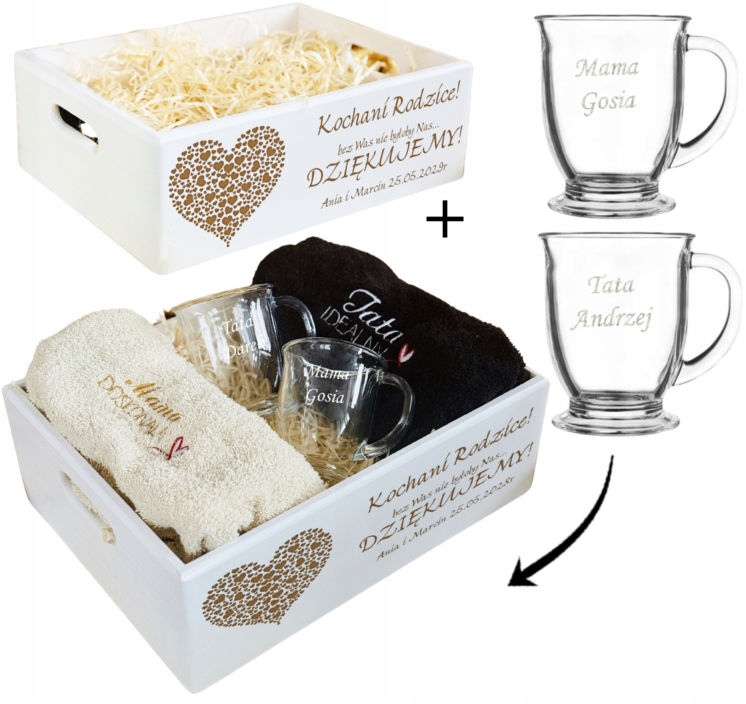 ZESTAW dla RODZICÓW prezent DUŻY biała SKRZYNIA + ręczniki i kubki szklane