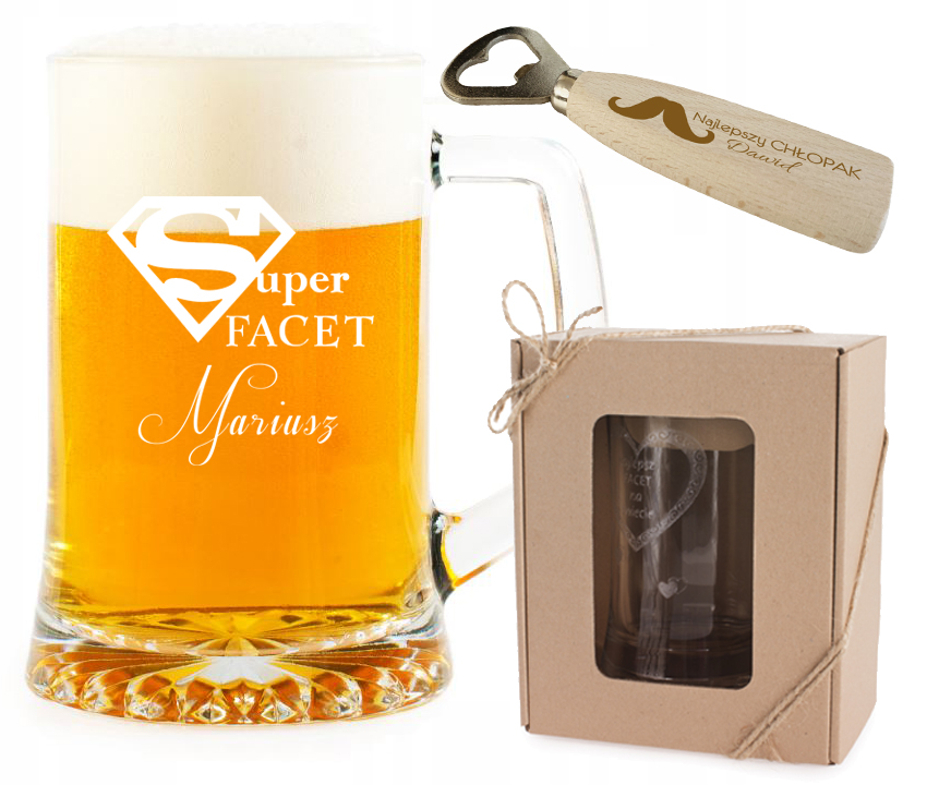 PREZENT upominek na Dzień CHŁOPAKA KUFEL z uchem do piwa z OTWIERACZEM