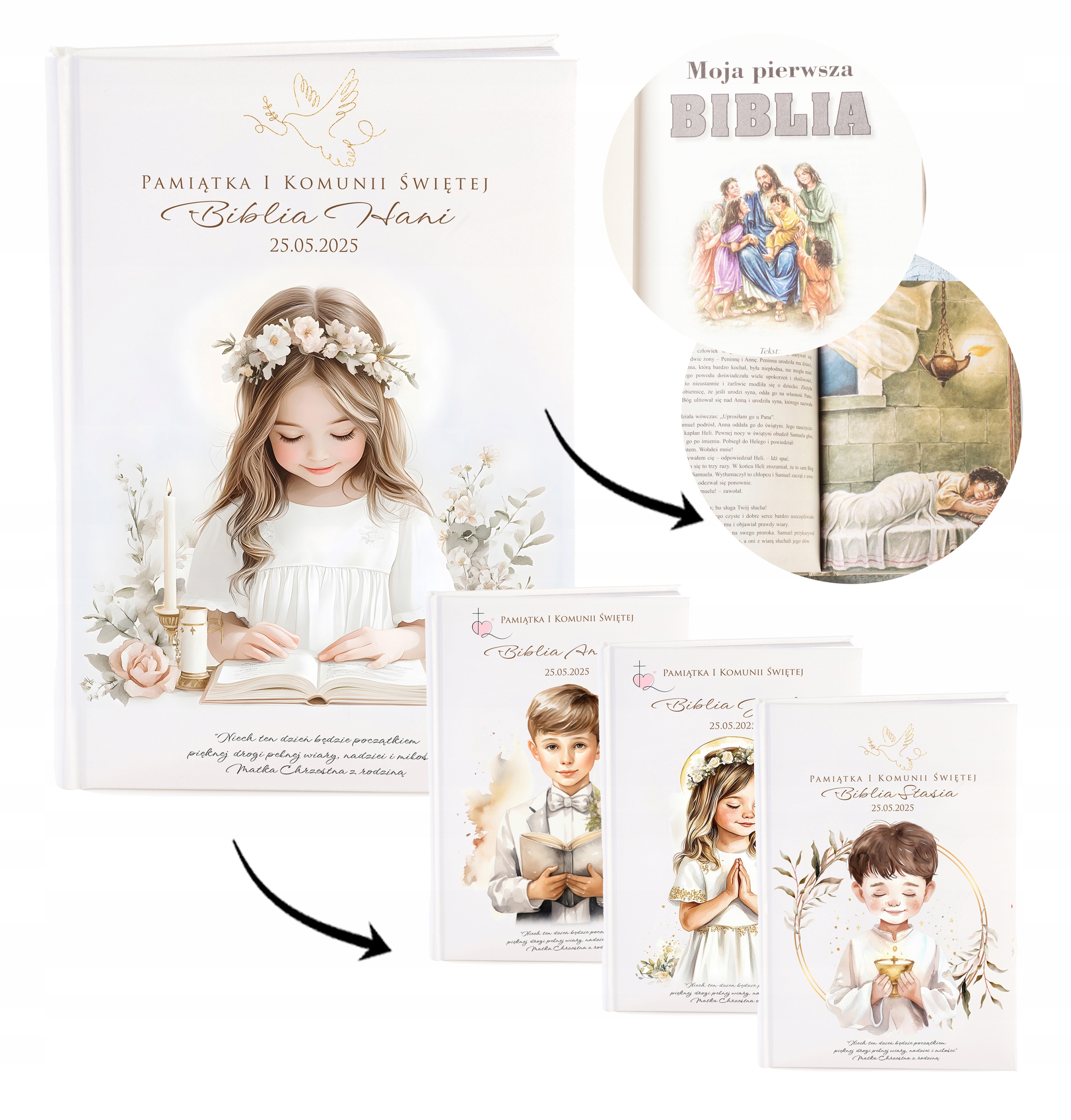 BIBLIA na Pierwszą KOMUNIĘ dla dziecka pamiątka z dedykacją IMIĘ nadruk UV